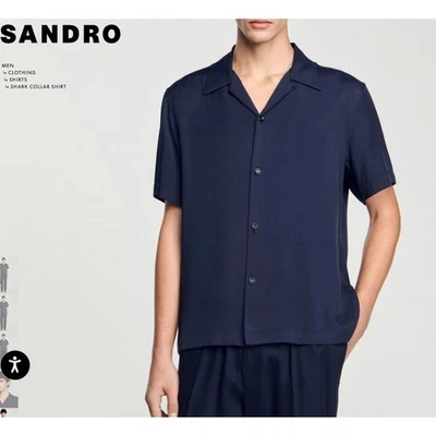 SANDRO Shark Collar Shirt Mens Size XL Button Down Short Sleeve Navy Blue EUC-LN - Image 1 of 4