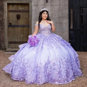 Lilac Quinceanera Dresses Ball Gowns Shiny Lace Floral Appliques Beaded Sweet 16 - Picture 1 of 11