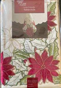 Winter Wonderland Leona Poinsettia Tablecloth 60” X 104”  OblongIvoryRed Accents - Picture 1 of 2