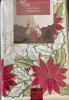 Winter Wonderland Leona Poinsettia Tablecloth 60” X 104”  OblongIvoryRed Accents - Image 1 of 2
