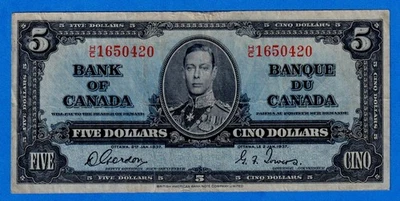 CANADA $5 1937 BC-23b / P-60b King George VI Circulated Note  H/C 1650420 - Image 1 of 4