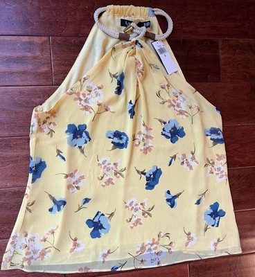 Lauren Ralph Lauren Halter Top Black Label Butter Yellow Sleeveless Floral - Image 1 of 4