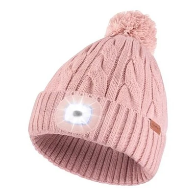  男女通用 LED Beanie 带 Pom-Pom,USB 可充电前照灯帽子长袜粉色 — 第 1/4 张图片