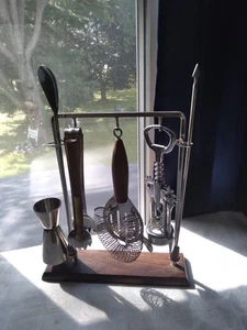 VTG MCM 7 Piece Teak Bar Utensil Tool Set With Display Stand/Stainless Steel + - Picture 1 of 24