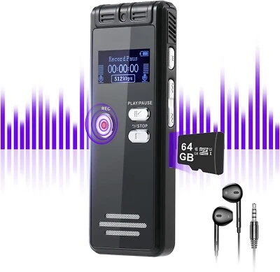 ZIPCIDE 64GB Digital Voice Activated Recorder - 3072Kpbs HD Dual MIC Dictaphone - Image 1 of 4