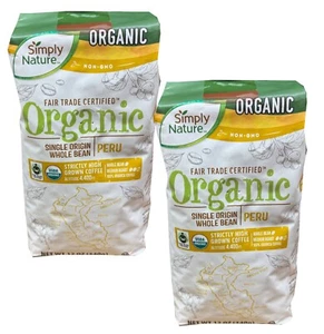 2 PACKS SIMPLY NATURE ORGANIC PERU SINGLE ORIGIN WHOLE BEAN COFFEE 12-OZ BAG - Picture 1 of 4
