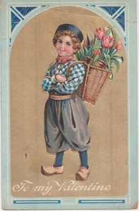 Antique Dutch Boy  Valentine Gold Basket Of Flowers, Embossed Great Condition! - Picture 1 of 2