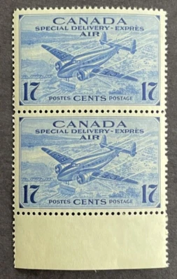 Canada 1943 Air Post Special Delivery Pair w/ Selvege  Sc#CE2 Airplane - Image 1 of 2