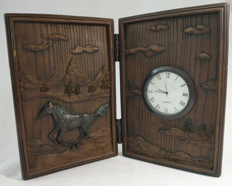 Vintage Folding Western Novelty Clock Faux Woodgrain Resin Wild Running Horse Cover