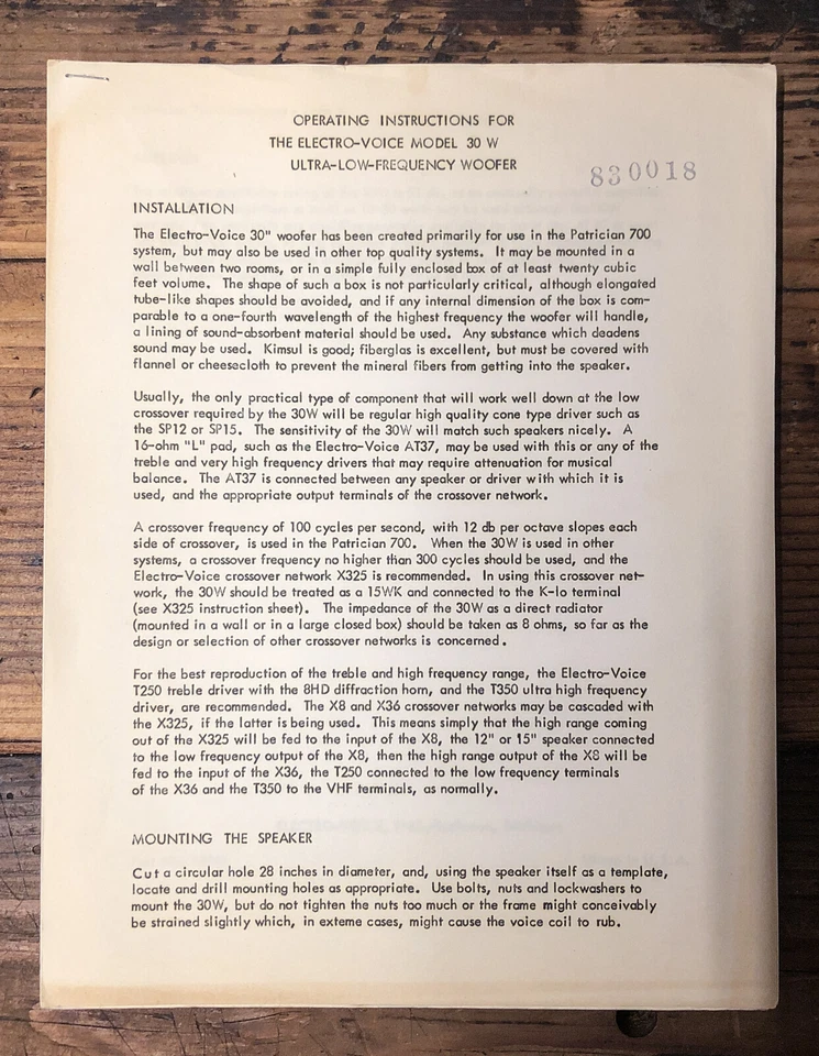 Woofer EV ElectroVoice Modelo 30W Propietario/Manual de Usuario *Original* Foto 1 de 1