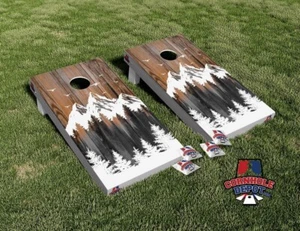 Snowy Mountains Pine Trees Cornhole Board Vinyl Wrap Skins Laminated Decal Set - Picture 1 of 5
