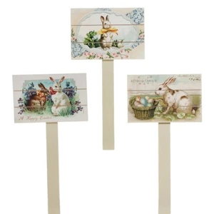 RAZ Imports~16" VINTAGE VICTORIAN BUNNY RABBIT STAKE~Set of 3~Basket/Flower/Pick - Picture 1 of 1