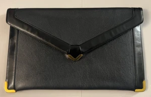 Vintage Koret Dark Navy Blue Leather Envelope Clutch Bag Purse Gold Metal Trim - Picture 1 of 6
