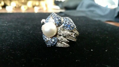 Lady's Natural Pearl Ring, Blue Sapphires, White Diamonds - Image 1 of 4