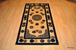 ANTICO TAPPETO CINESE 2' 7" X 4'3" tappeto orientale cinese, fatto a mano, blu e beige - Foto 1 di 12