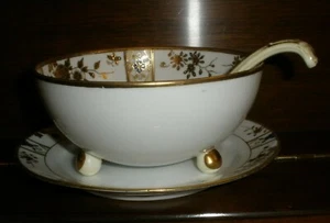 Nippon Morimura Footed Mayo Beaded Bowl Ladle Plate Moriage Gold Cobalt EUC #120 - Picture 1 of 12