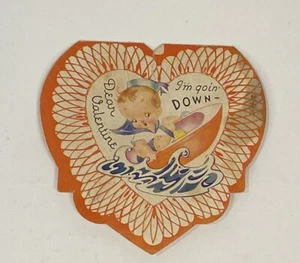 Vintage Valentine’s Day Fold Card Used Ephemera Boy Boat Ocean Of Love - Picture 1 of 7