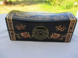 ANTIQUE CHINESE WOODEN WEDDING BOX BRASS HARDWARE WATERLILY BUTERFLY LINED PAPER - Picture 1 of 12