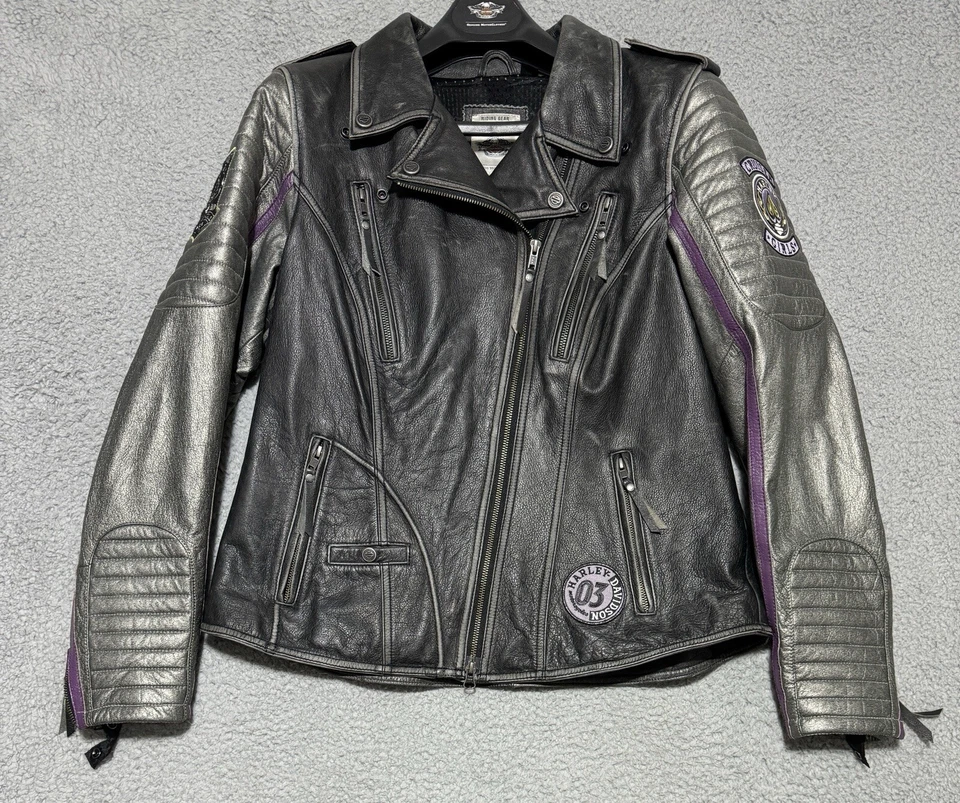 Chaqueta de cuero Harley Davidson Speedy para mujer 97048-15VW plateada envejecida XL Foto 1 de 4