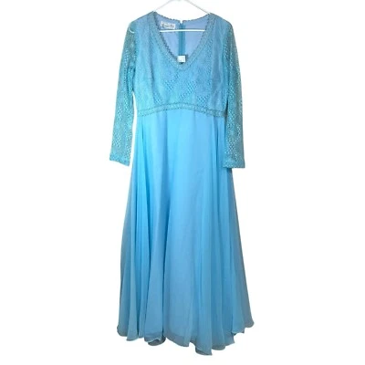 VTG 1970s Bernie Bee NY Long Sleeve Maxi Dress Baby Blue Lace Chiffon Gown Sz L - Image 1 of 4