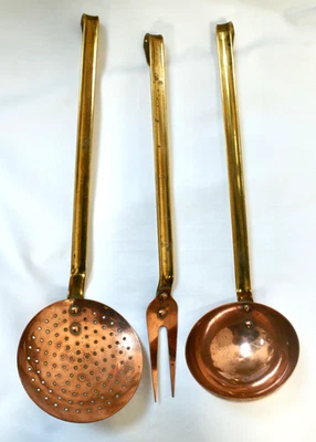 Set Of 3 Quality Hanging Brass & Copper Kitchen Utensils, Ladle, Strainer & Fork - Image 1 of 4