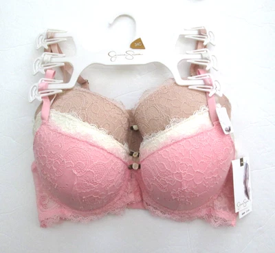 Jessica Simpson 女式 34C Demi 杯聚拢加厚文胸钢圈 3 件装蕾丝 — 第 1/2 张图片