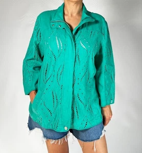 CHICO’S Womans Jacket Embroidery Cutwork Size 3 Turquoise Green Linen - Picture 1 of 11