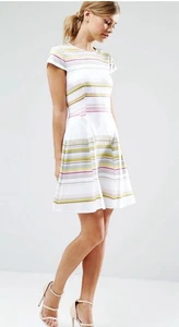 TED BAKER Aquai Scuba Fabric Skater Dress Carousel Stripe Size 4 UK 14 RRP £149 - Picture 1 of 8