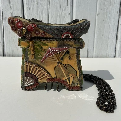 MARY FRANCES Hand Beaded Bag Purse ASIAN LADY Pagoda Shaped Cross Body Vintage - Image 1 of 4