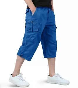 Men's Cargo Shorts Casual Twill Elastic 3/4 Capri Below Knee 7 Pockets - Picture 1 of 6