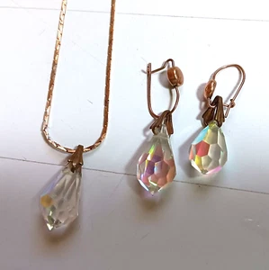 Vintage Mini Parure, facettierte AB Kristall Träne Anhänger Halskette, Ohrringe - Bild 1 von 6