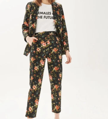 Topshop 单排扣黑色花卉提花西装裤 2 件套套装 — 第 1/4 张图片