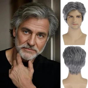 Synthetic Men Wigs Short Silver Gray Wig Synthetic Heat Resistant Natural - Picture 1 of 13