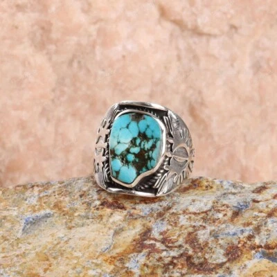 Tibetan Turquoise Raw Ring 925 Sterling Silver Ring Men's Signet Handmade Ring - Image 1 of 4