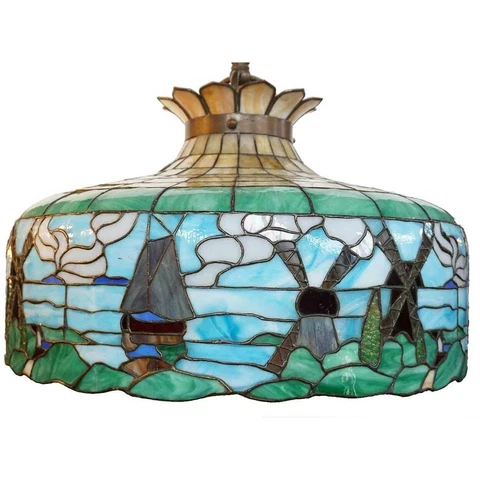 Antique American Leaded Bent Glass Windmill Pendant Ceiling Light c. 1920 Cover