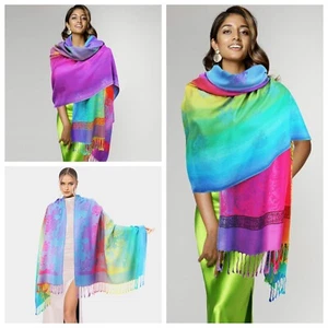 NEW WOMAN Elephant Scarf Peacock Paisley Colorful Silk Pashmina Scarf Shawl Wrap - Picture 1 of 5