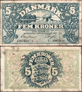 5 Kroner 1942 - Prefix J - Series: 4887814 - Denmark - Pick: 30h  -"G" - C42 - Picture 1 of 4