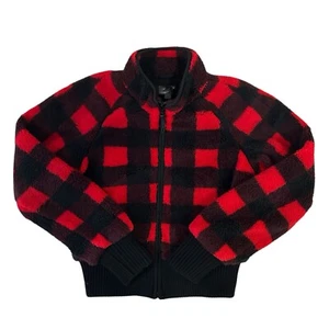MOTHER Funnel Neck Ribbed Jacket Women's Small Buffalo Plaid Teatime Sherpa - Picture 1 of 13