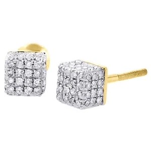 10K Yellow Gold Mens Diamond Cube 3D Square Earrings Round Pave Studs 0.39 CT. - Picture 1 of 5