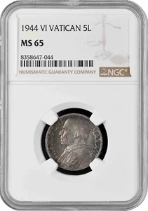 Vatican City 5 lire 1944, NGC MS65, "Pope Pius XII (1939 - 1958)" silver coin - Picture 1 of 2