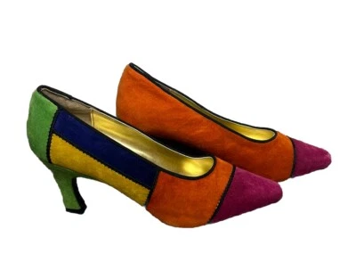 VTG 80s Womens Suede Multi Colored Patchwork Kitten Heels Size 7B Embroidered - Image 1 of 4