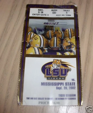 VINTAGE 2002 LSU TIGERS  VS MISSISSIPPI STATE BULLDOGS OLD TICKET STUB Cover