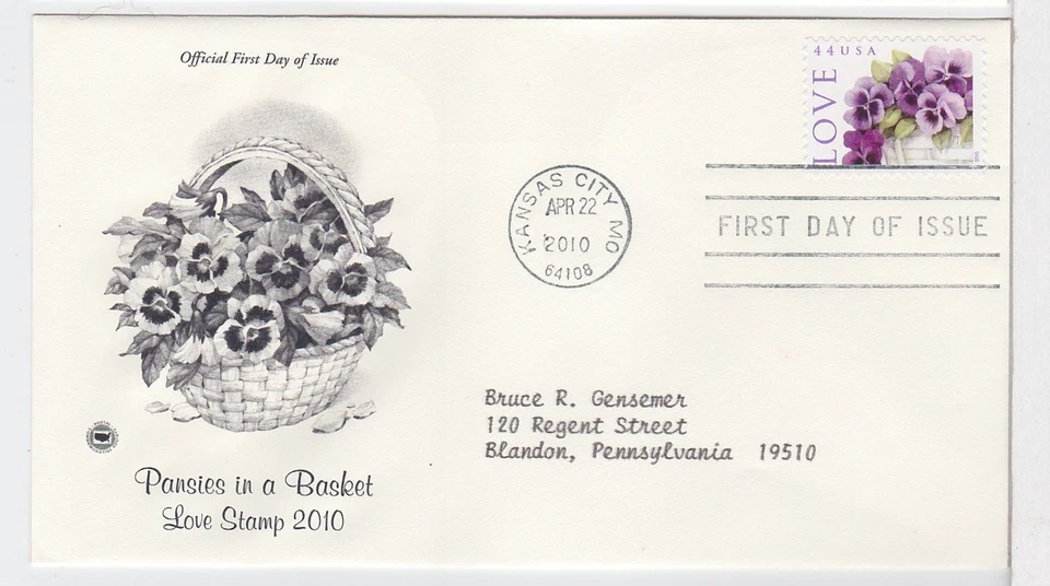 TurtlesTradingPost- Love- Pansies in a Basket #4450 2010 FDC- Artcraft Variety - Image 1 of 1
