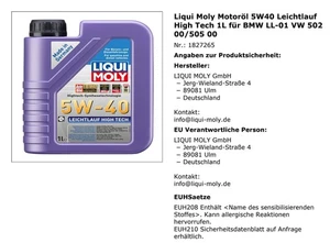 Liqui Moly olio motore 5W40 Bassa Visciosità High-Tech 1L per BMW LL-01 VW - Foto 1 di 2