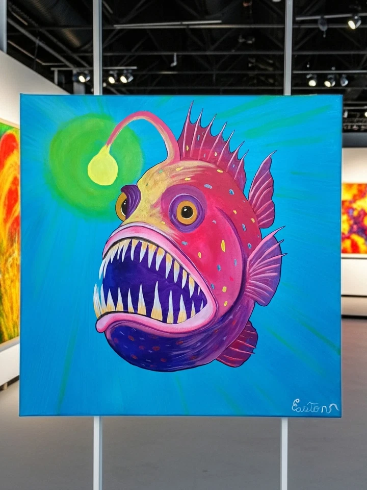 Colorful Deep Sea Fish Painting – Original 20x20 Acrylic Ocean Wall Art - Image 1 of 4