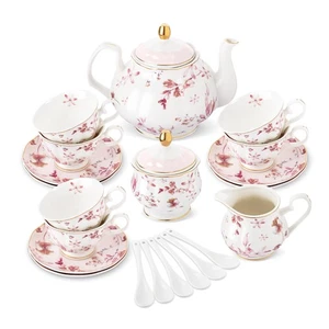 21 Pieces British Porcelain Tea Set with Gold Trim, Pink Autumn Leaves Floral... - Picture 1 of 6