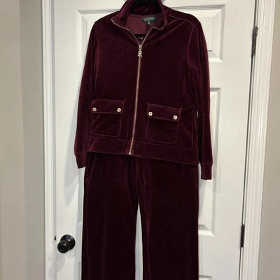 LRL Ralph Lauren Y2K Traje de Pista Borgoña Terciopelo Pequeño M Chaqueta Pantalones Pequeños M Foto 1 de 4