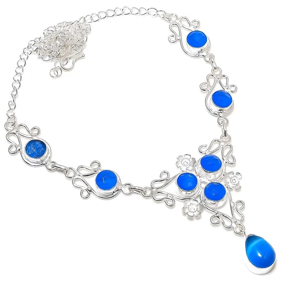 Blue Chalcedony Gemstone Handmade 925 Sterling Silver Jewelry Necklace Sz 18" - Image 1 of 1