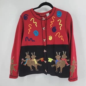 Maglione natalizio donna vintage M Onque Casuals nero rosso renna danzante Cottagecore - Foto 1 di 11