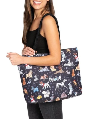 101 Dalmatians Paw Prints Dogs Travel Rope Tote Bag Carry-On Black Disney - Image 1 of 4